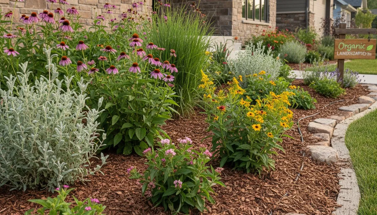 Organic landscape beds with natural mulch and native plants at a Denver CO home by Chop Chop Landscaping
