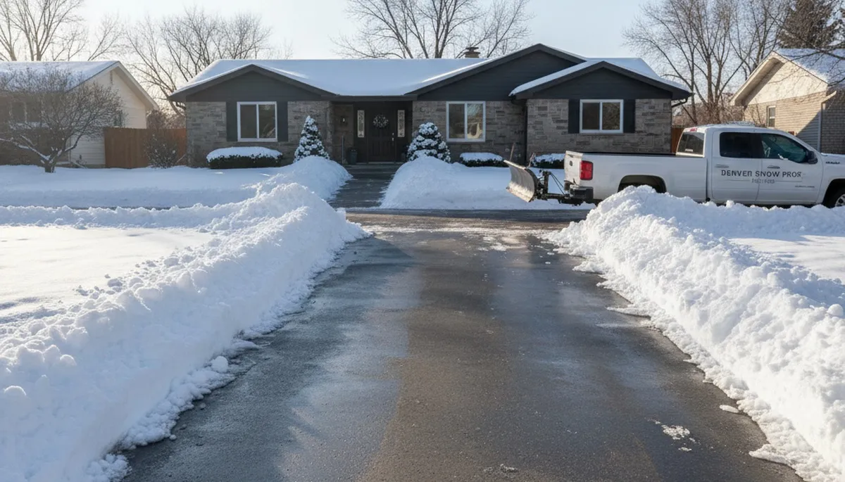 Cleared residential driveway after professional snow removal by Chop Chop Landscaping in Denver, CO