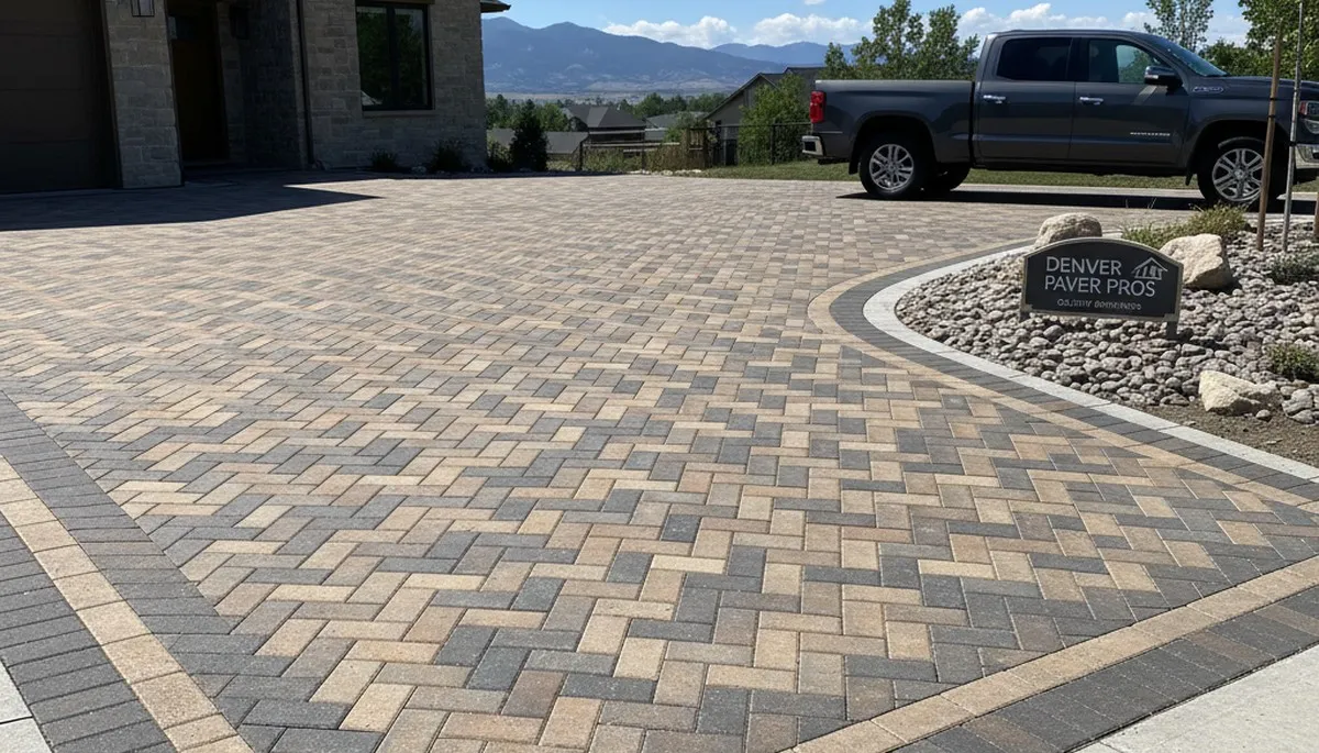 Completed interlocking paver driveway installation by professional landscapers in Denver, CO