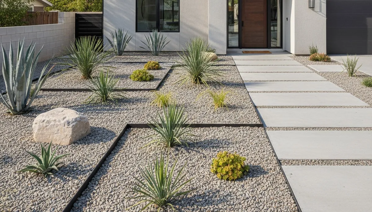 Modern pea gravel landscaping with geometric lines and architectural plants in Denver, CO