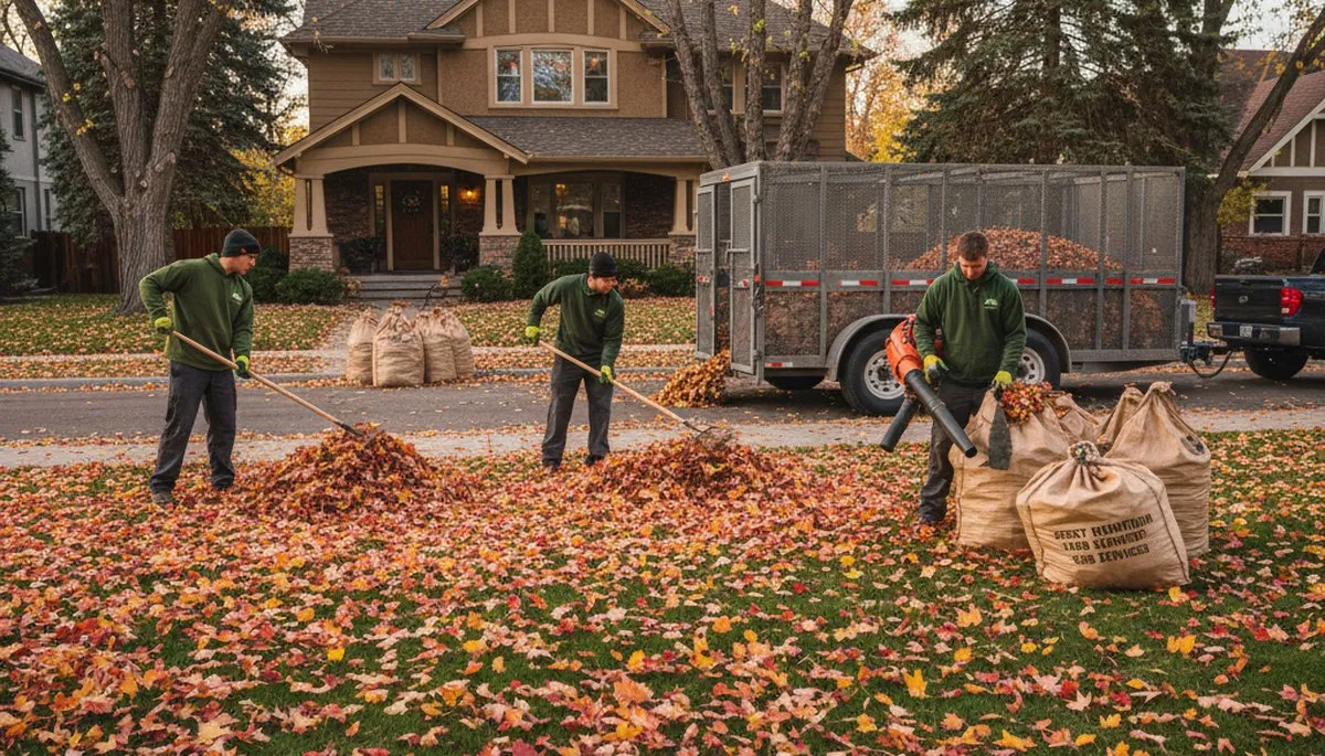 Landscapers performing fall leaf removal and yard clean up at a residential property in Denver, CO