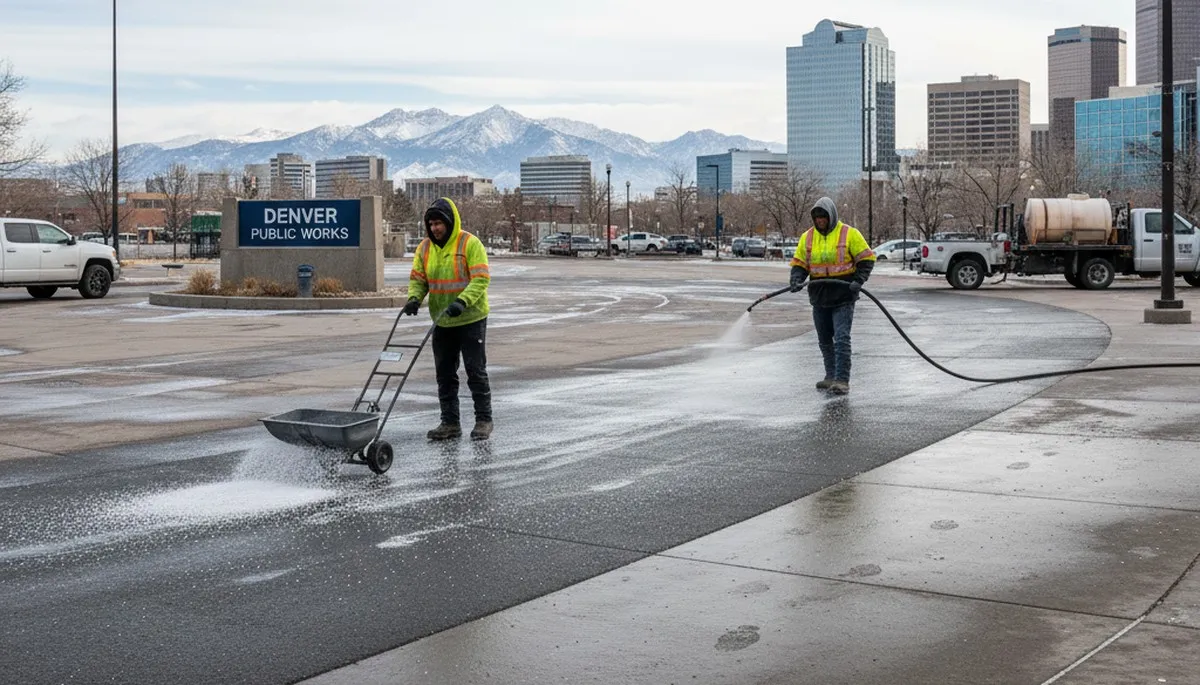 Professional de-icing and salt application on Denver, CO pavement by Chop Chop Landscaping experts