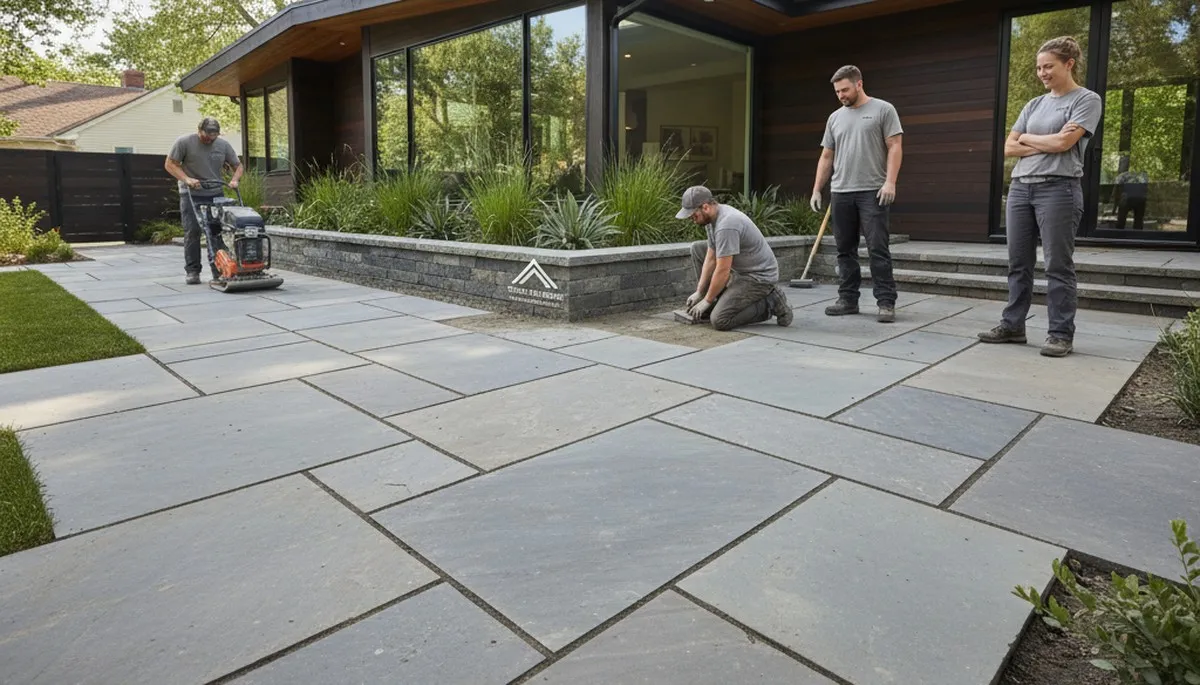 Modern large-format stone paver patio installation in Denver, CO by Chop Chop Landscaping