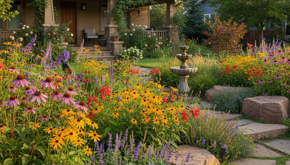 Native pollinator garden with bee‑friendly flowers and native plants by organic landscapers in Denver, CO