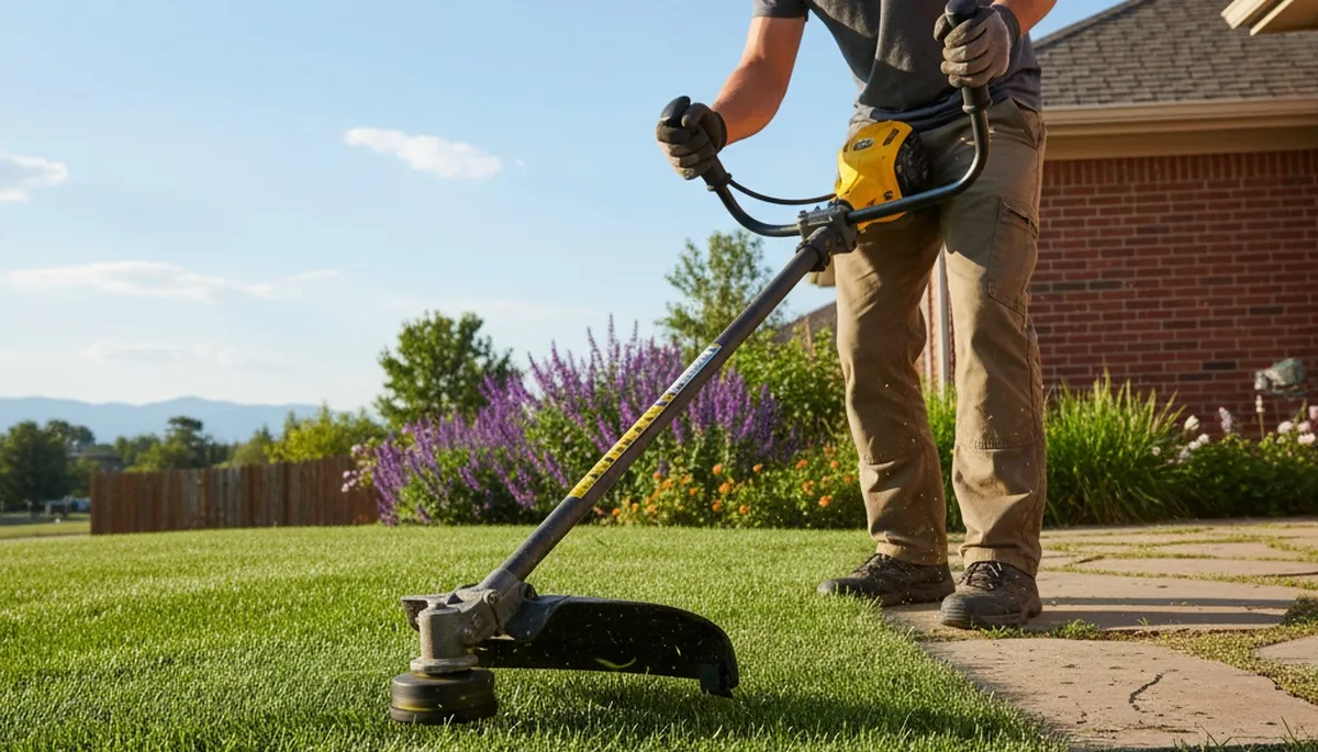 Technician performing precise lawn edging with string trimmer in Denver, CO yard maintenance scene