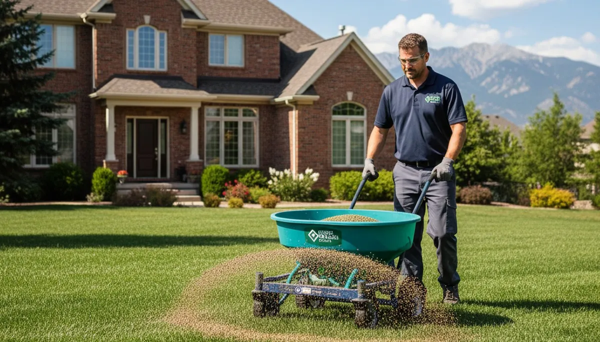 Lawn care technician applying fertilizer with spreader on residential lawn in Denver, CO