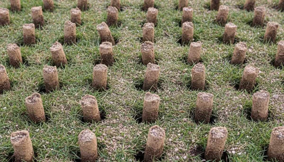 Close-up of soil core plugs after professional lawn aeration in Denver, CO turf by Chop Chop Landscaping