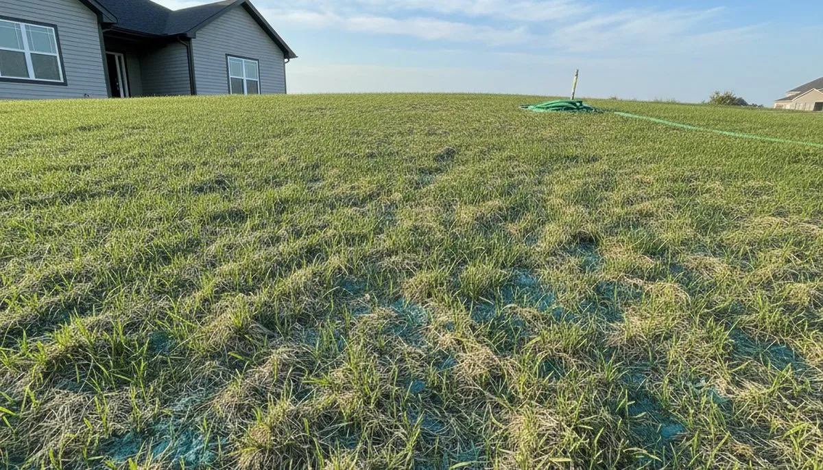 New grass sprouting from hydroseeded soil during lawn establishment in Denver, CO landscaping project