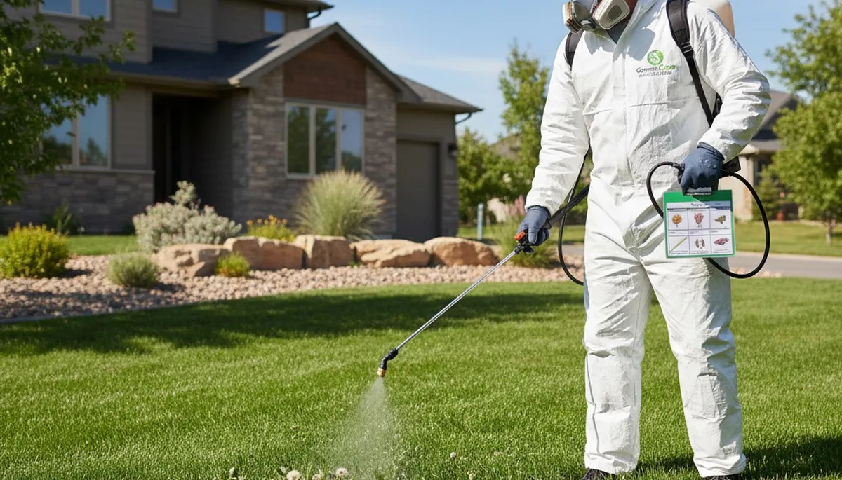 Lawn care specialist applying targeted weed control treatment on a Denver, CO residential lawn